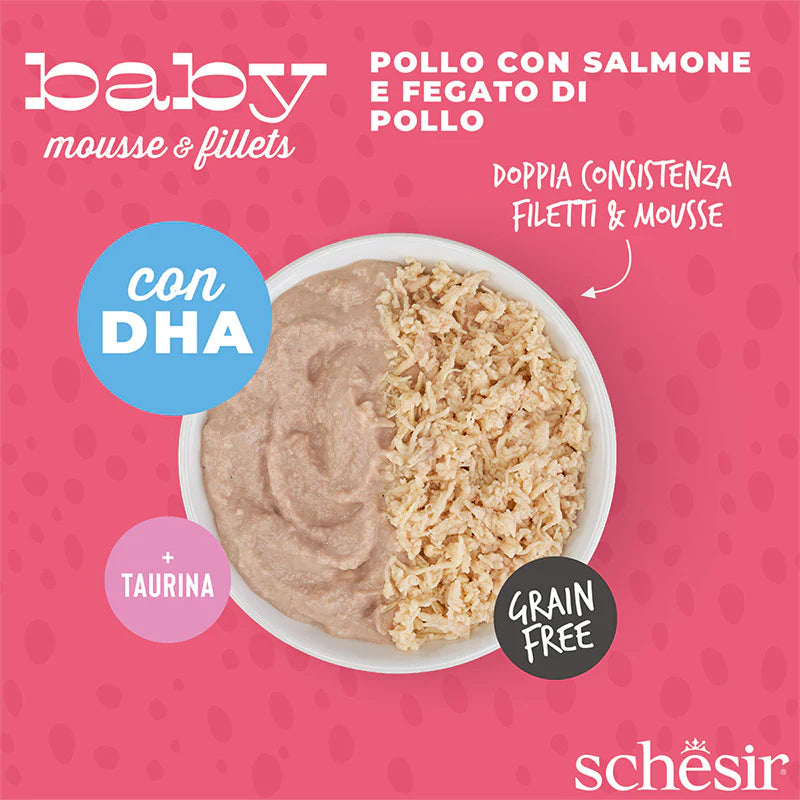 Schesir Baby Pollo, Salmone e Fegato di Pollo Mousse e Filetti 3x55 g Schesir Baby Pollo, Salmone e Fegato di Pollo Mousse e Filetti 3x55 g